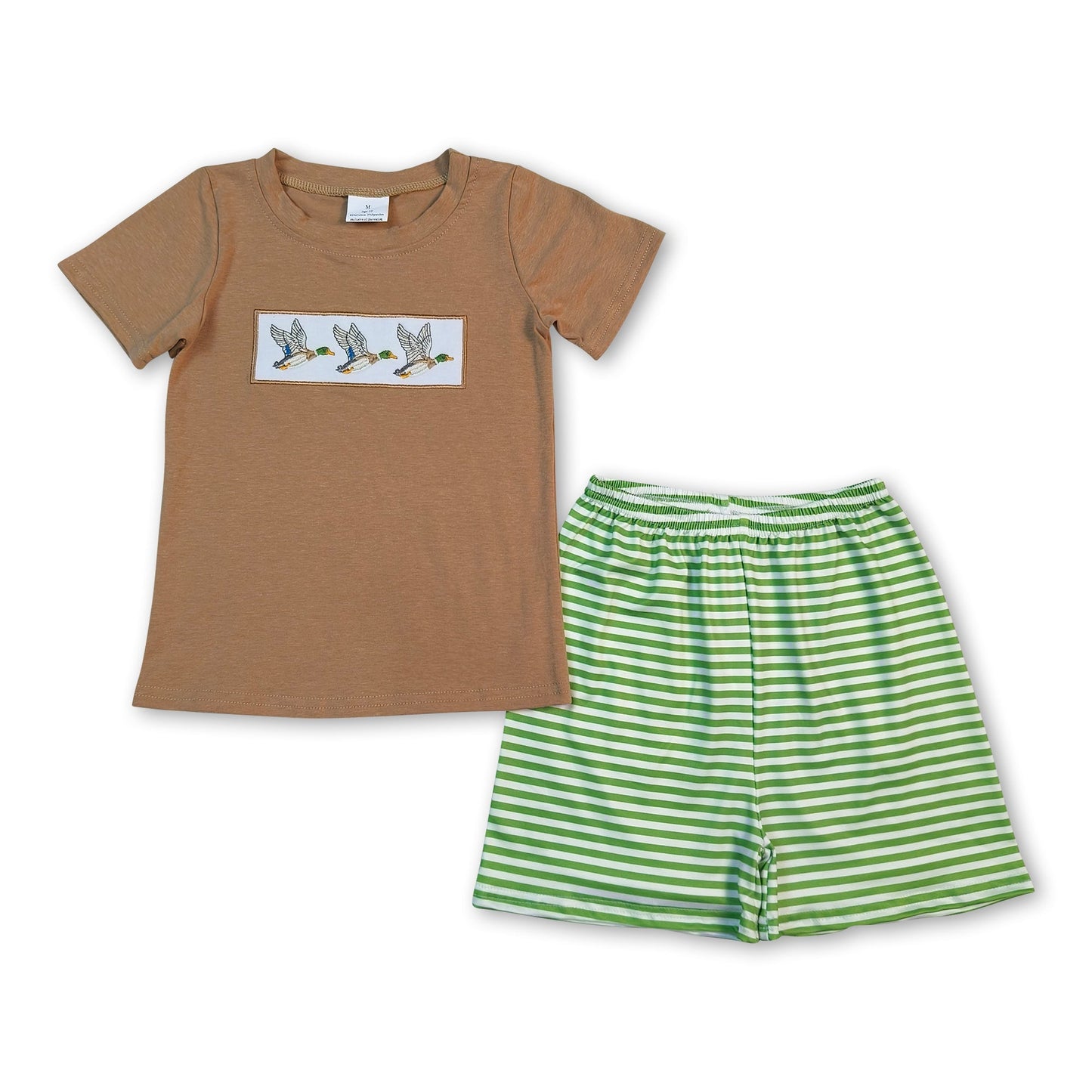 Brown duck embroidery top stripe shorts kids boys outfits