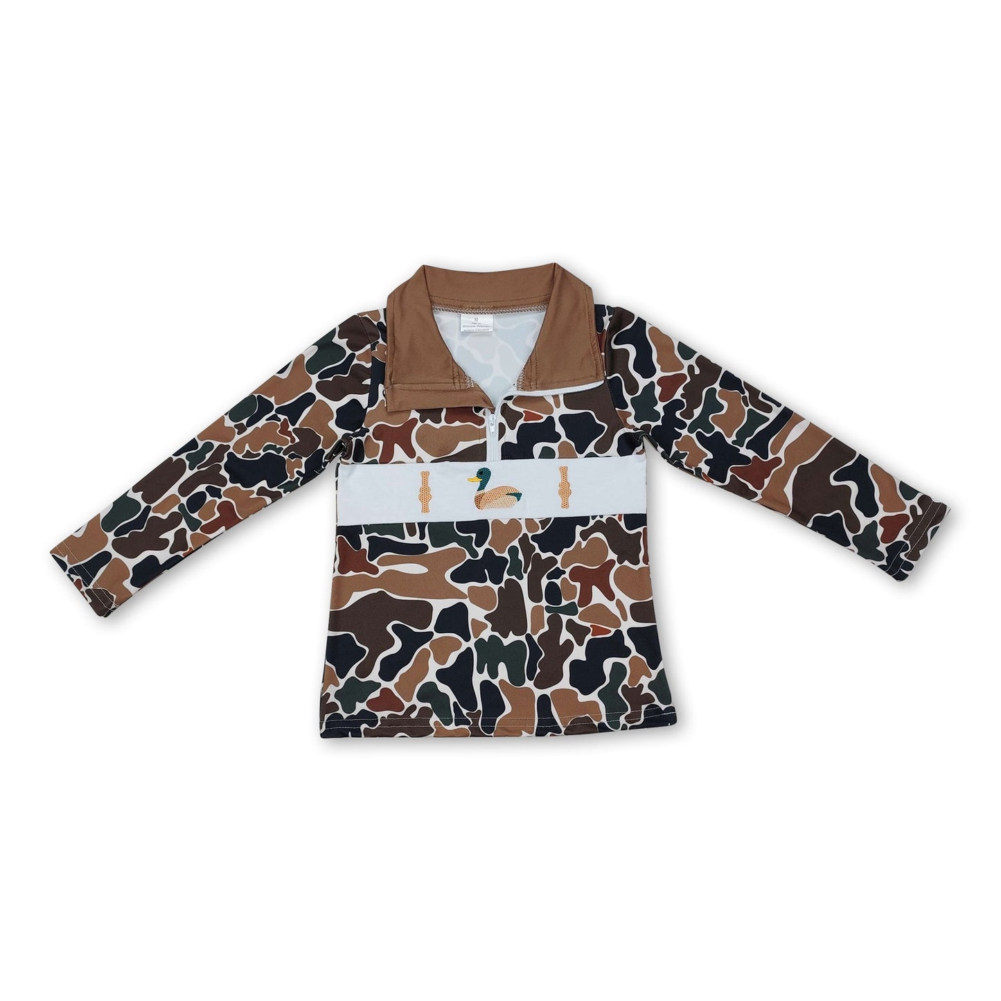 Brown camo duck call kids boys hunting zip pullover