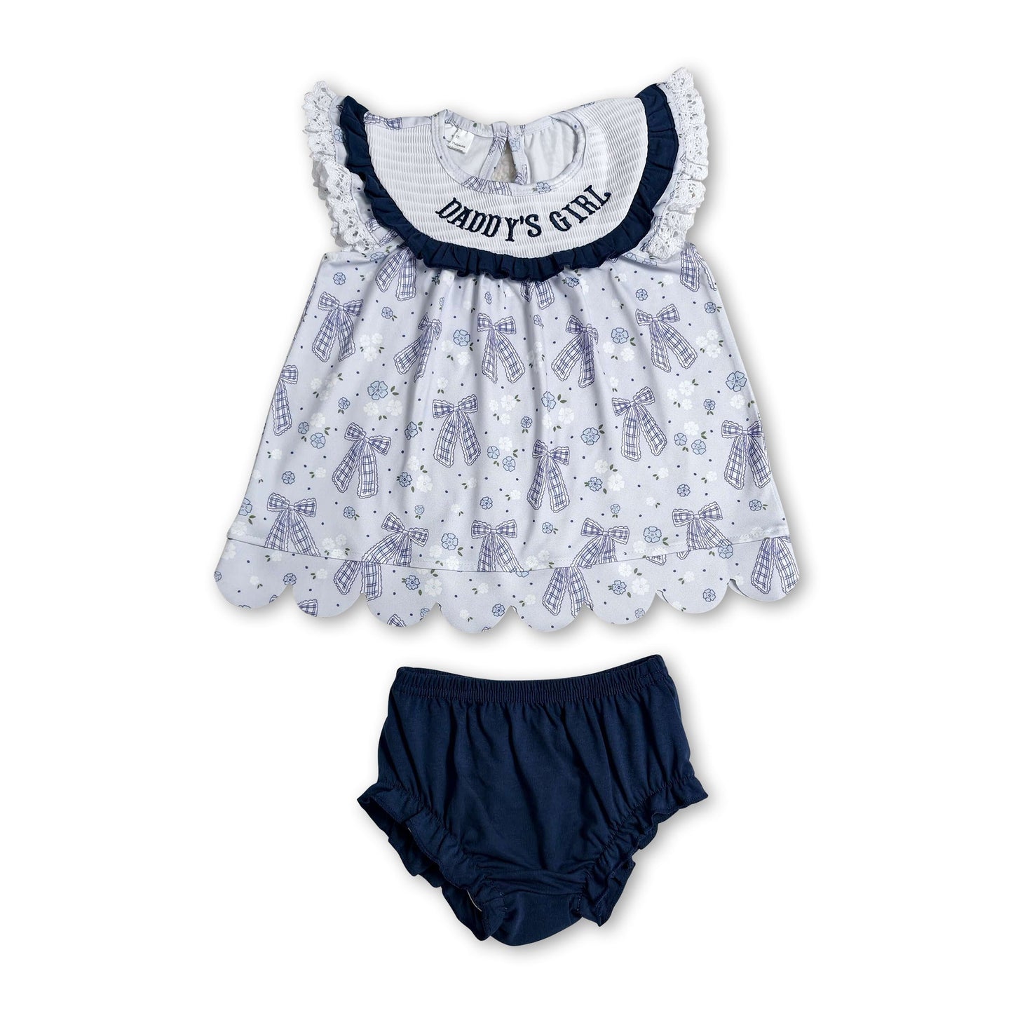 Daddy's girl smocked bow scallop tunic bummies set