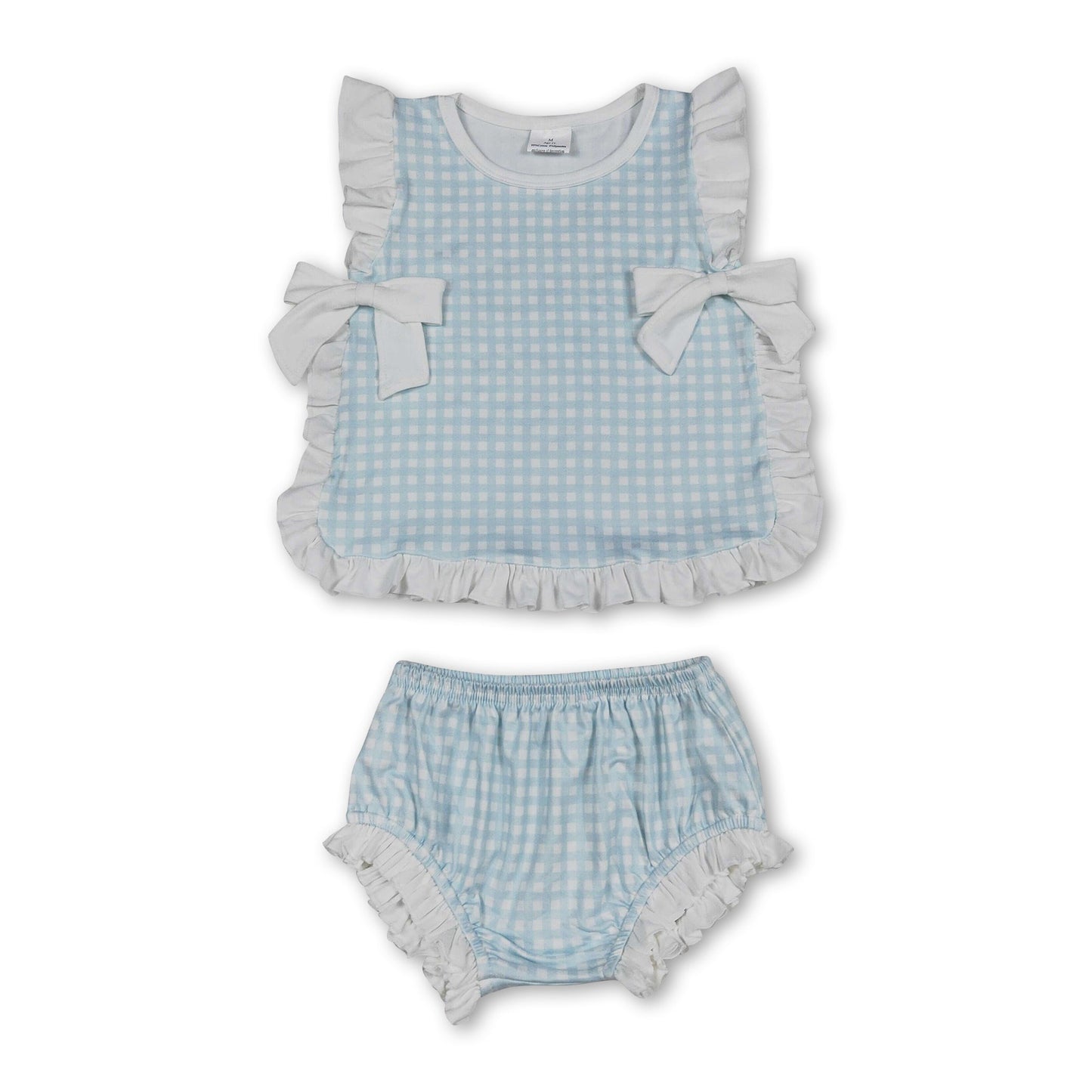 Ruffle bow light blue plaid baby girls summer bummies set