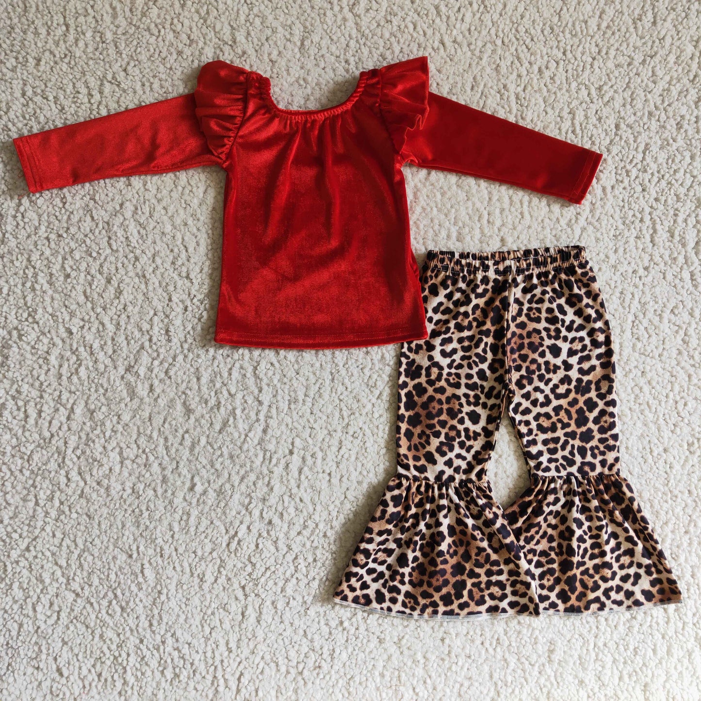 Red Velvet Shirt Leopard Pants Girls Fall Winter Clothes