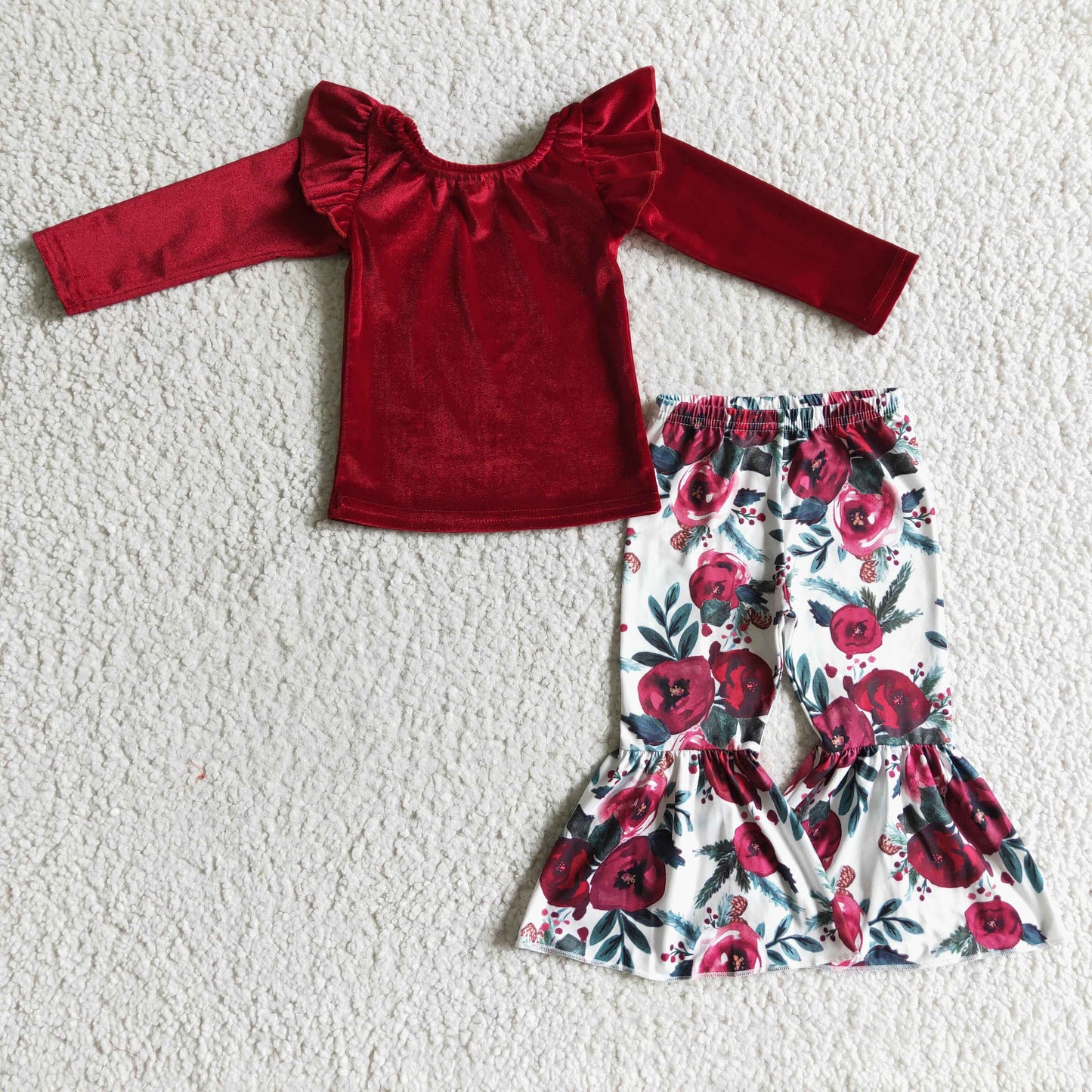 Red Velvet Shirt & Floral Pants Clothing Set