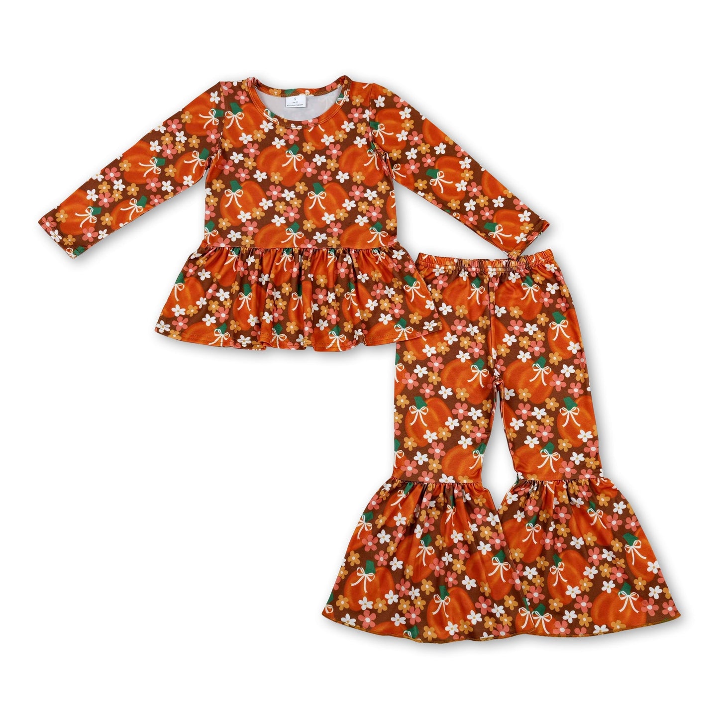 Pumpkin bow floral peplum bell bottom pants girls fall clothes