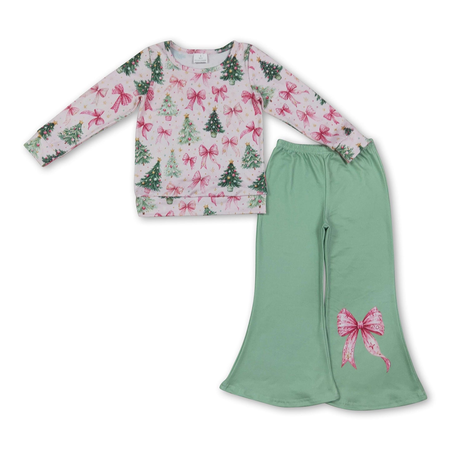 Pink bow Christmas tree top pants kids girls outfits
