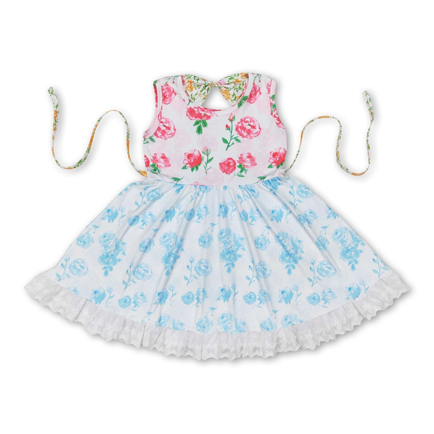 Sleeveless blue pink floral girls dresses