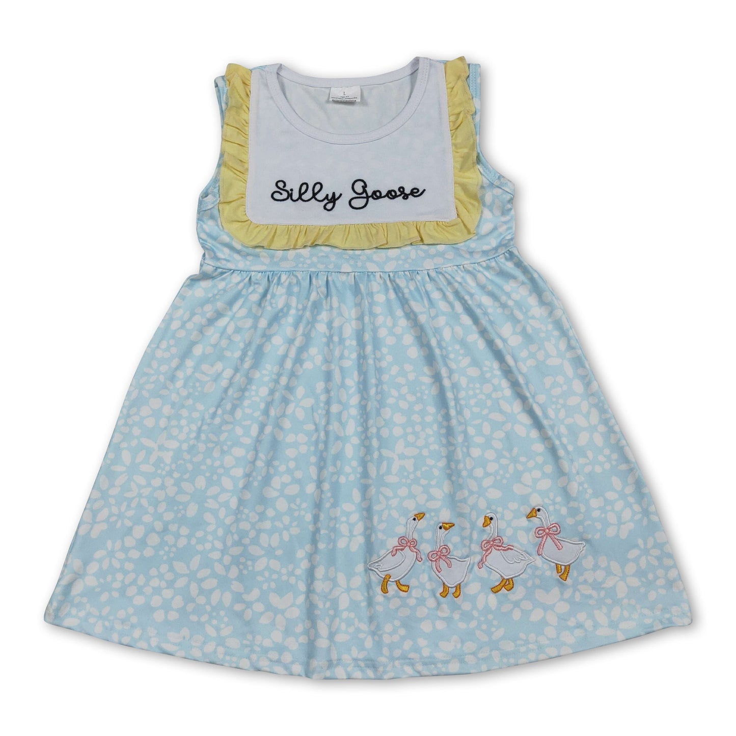 Sleeveless silly goose bow embroidery girls dresses