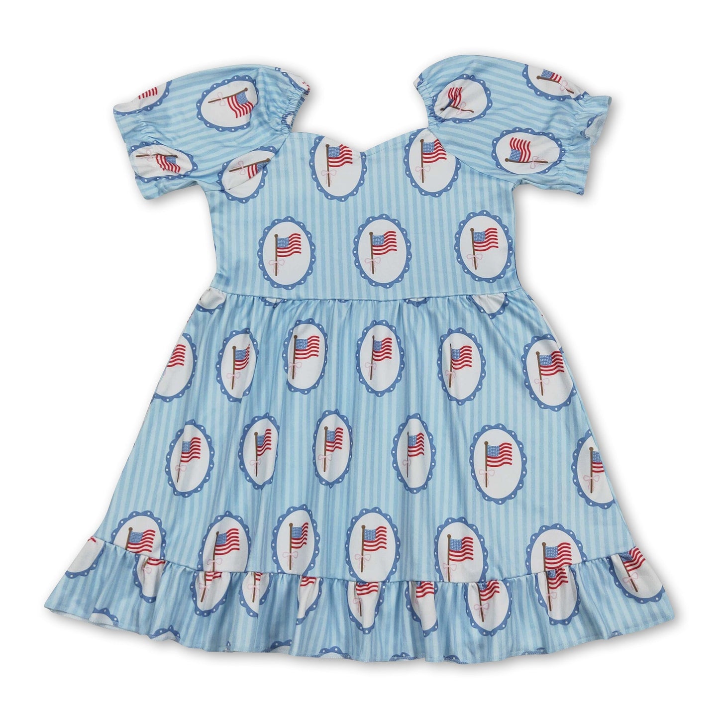 Short sleeves stripe flag ruffle girls 4th of july dresses