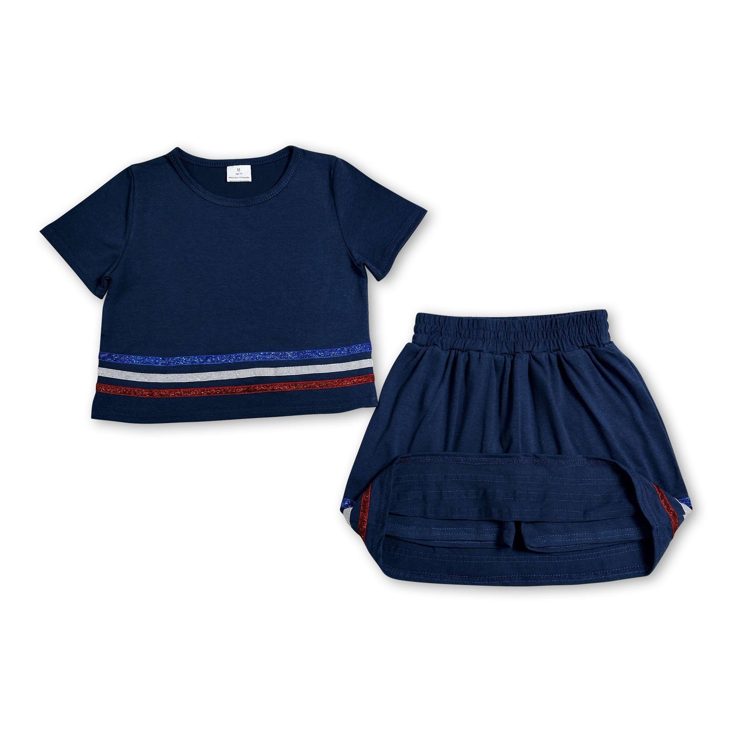 Navy short sleeves stripe cotton top skirt kids girls outfits