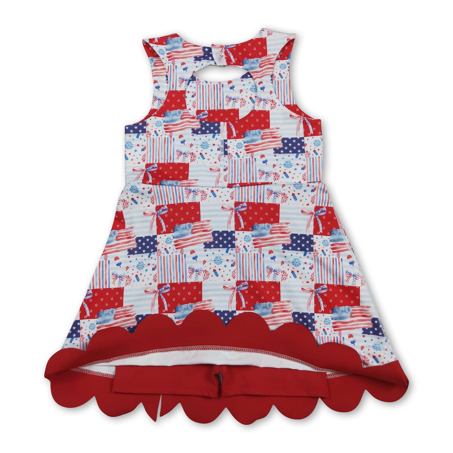 Sleeveless flag bow scallop girls 4th of july athletic dress