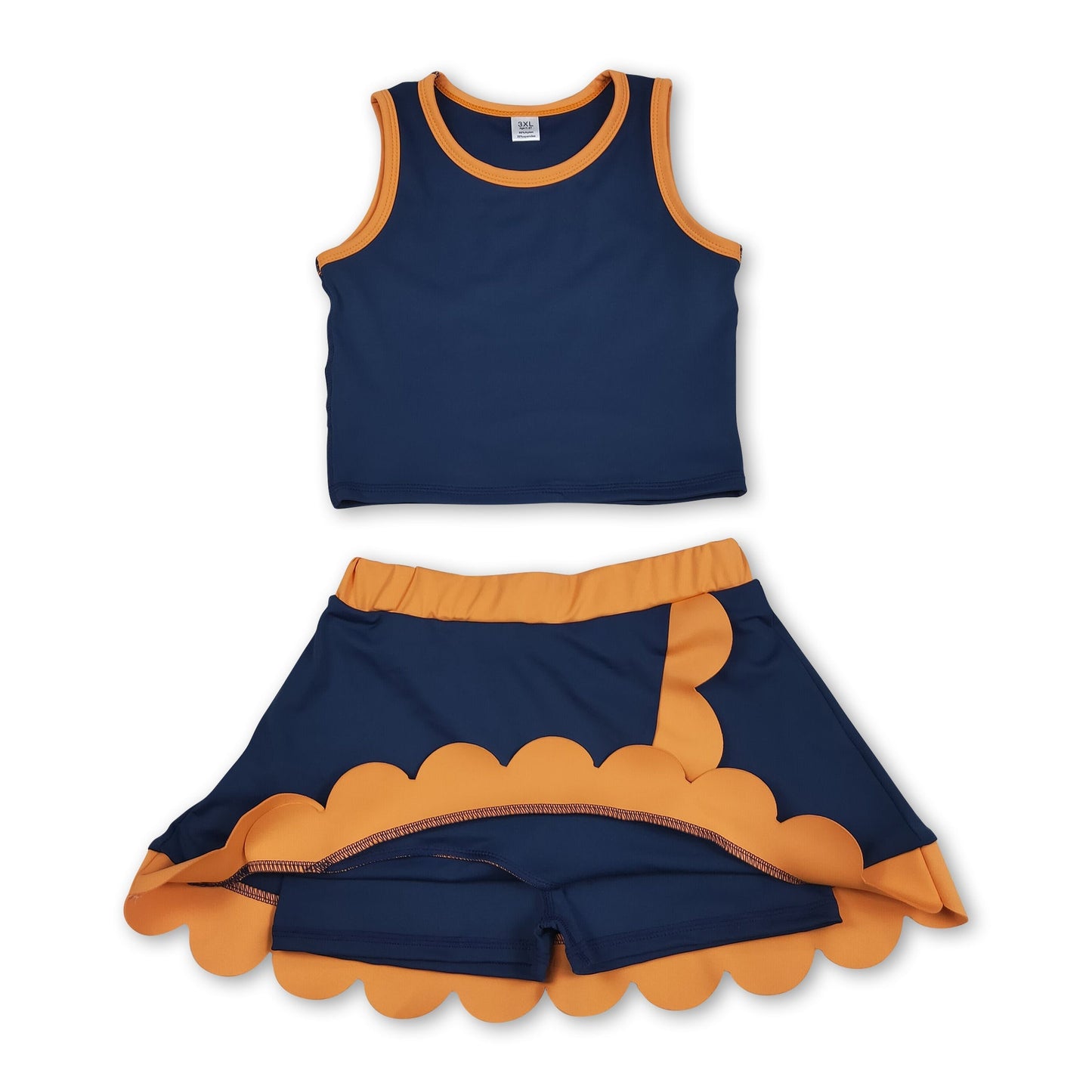 Sleeveless navy orange scallop girls team active wear set
