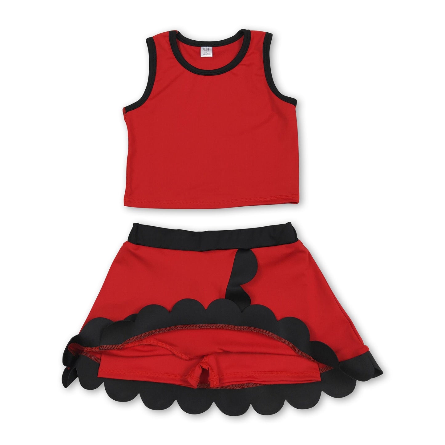 Sleeveless red black scallop girls team active wear set