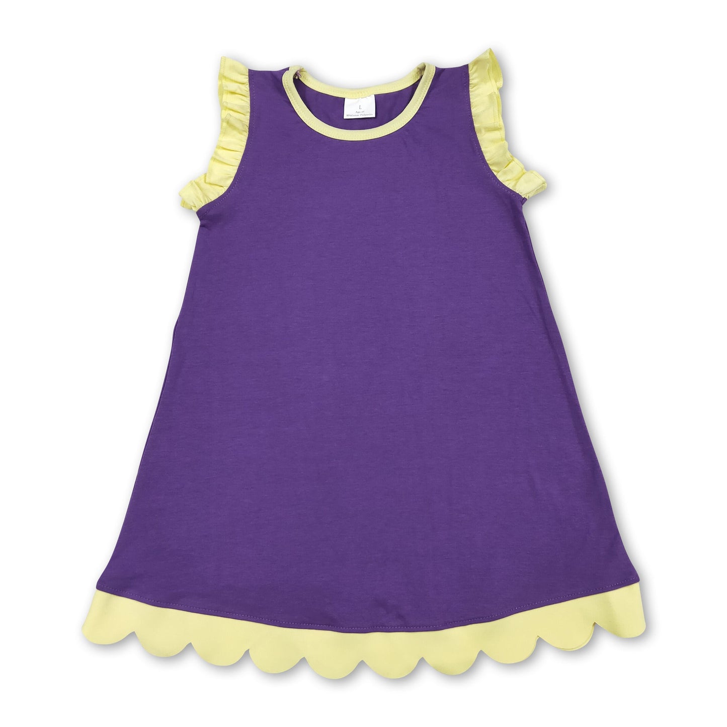 Yellow scallop ruffle sleeveless purple girls cotton team dress