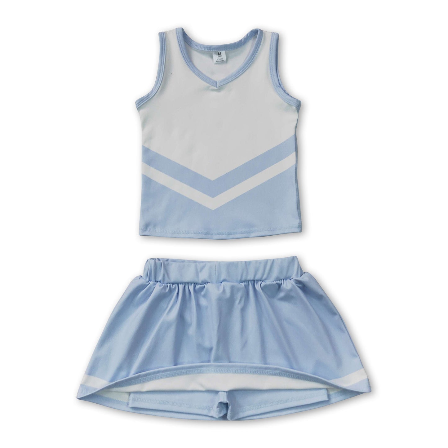 Sleeveless white light blue top skirt girls team cheer active set