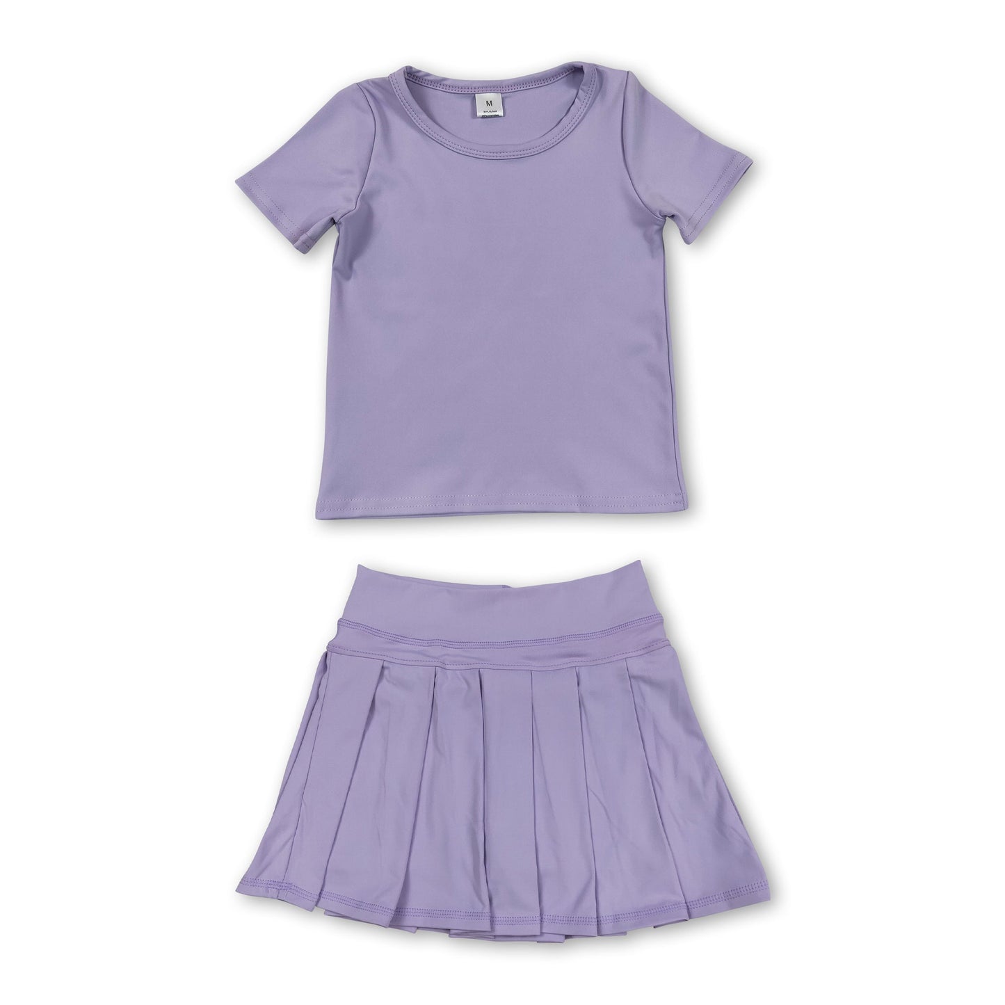 Short sleeves lavender top pleated skirt girls active wear set