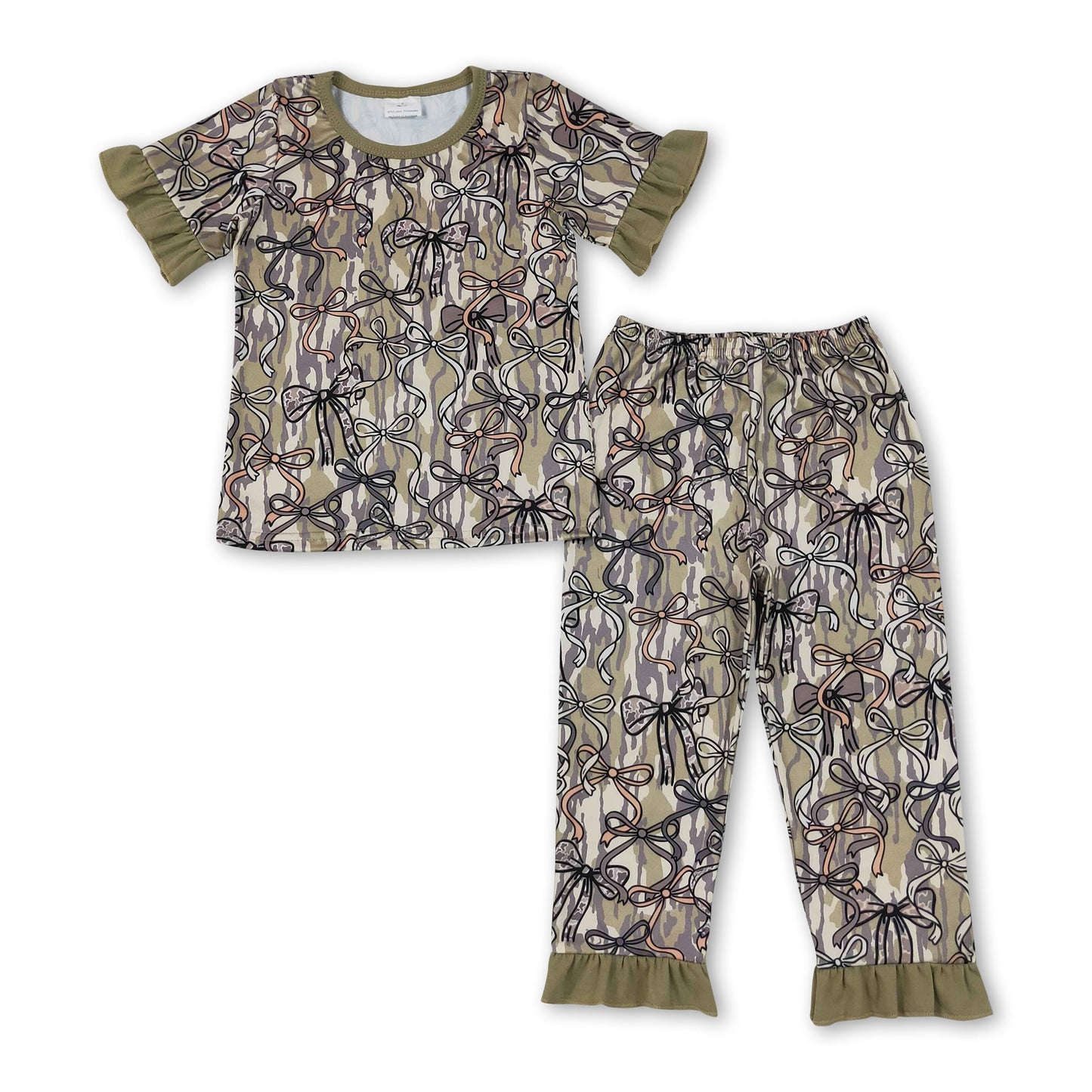Short sleeves camo bow top pants girls pajamas set