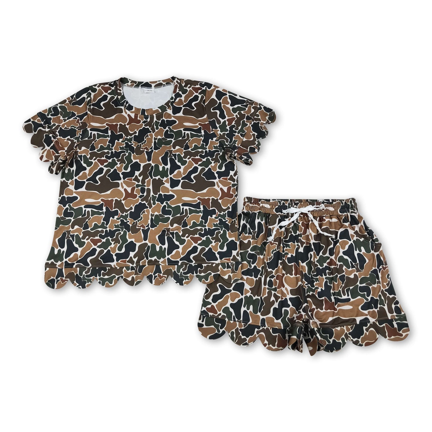 Brown camo scallop top shorts adult women summer outfits