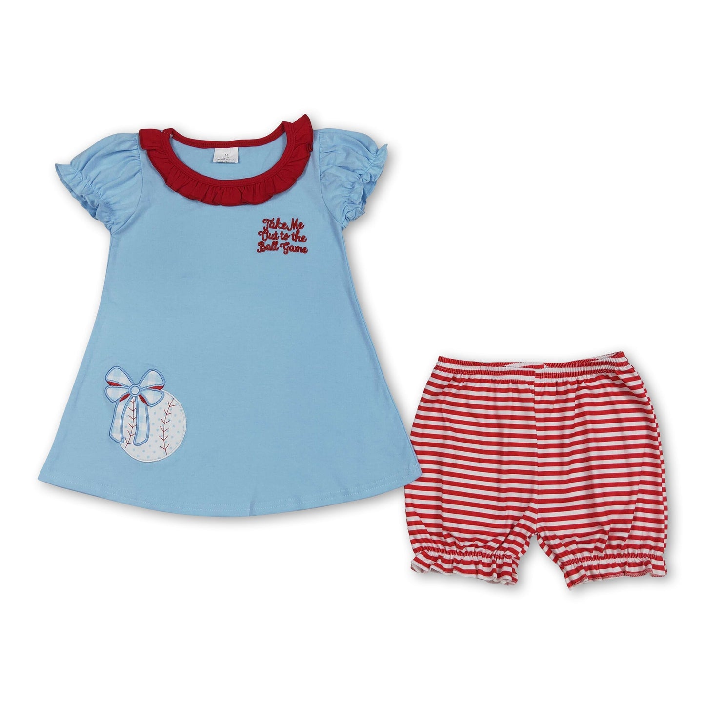 Short sleeves baseball bow tunic stripe shorts girls outfits