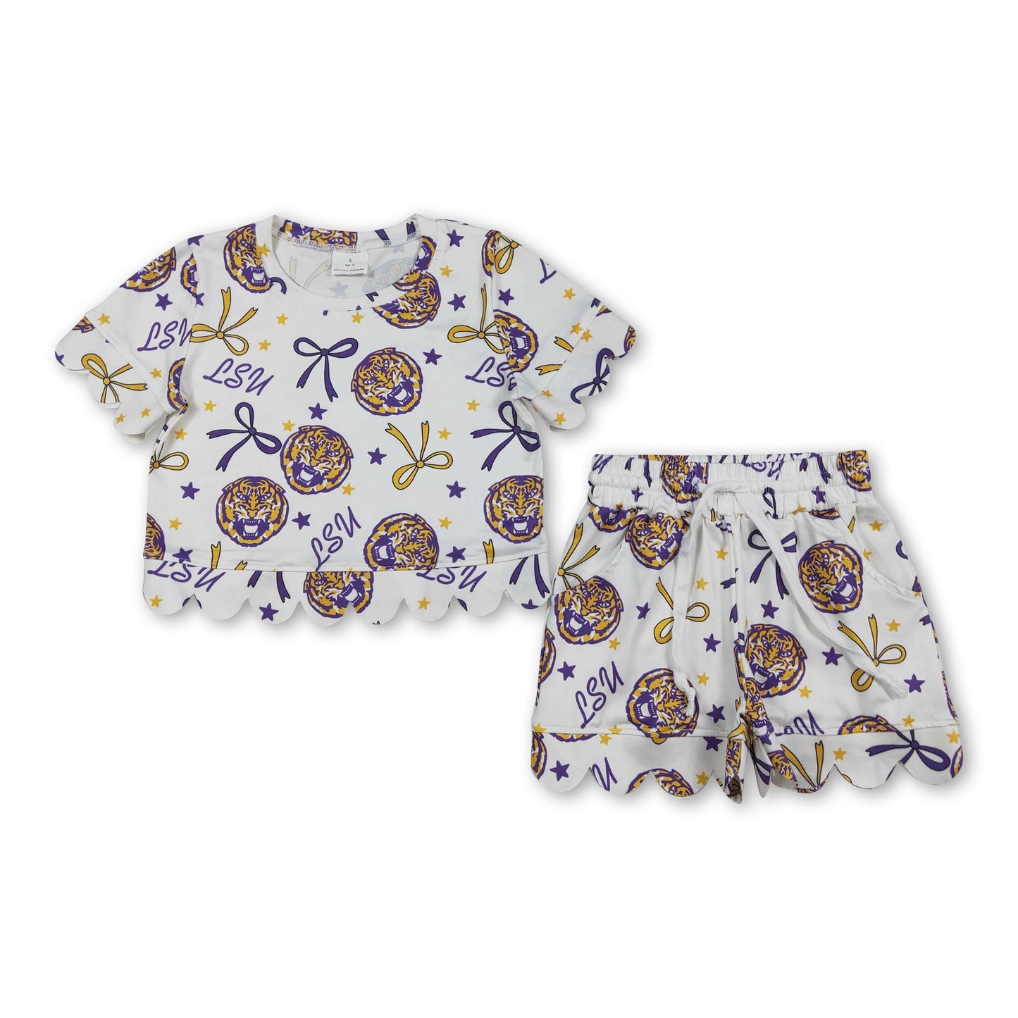 Short sleeves tiger bow scallop girls team outfits