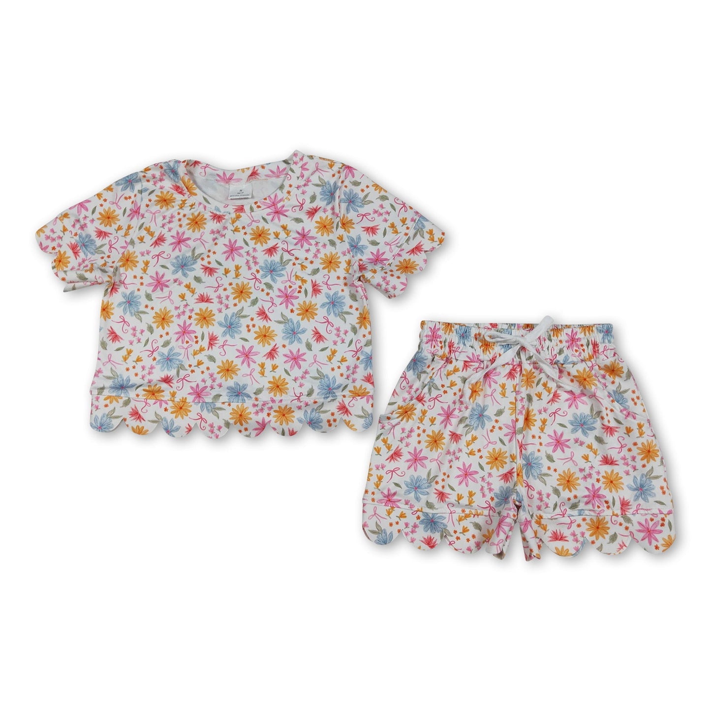 Short sleeves floral bow scallop kids girls summer outfits