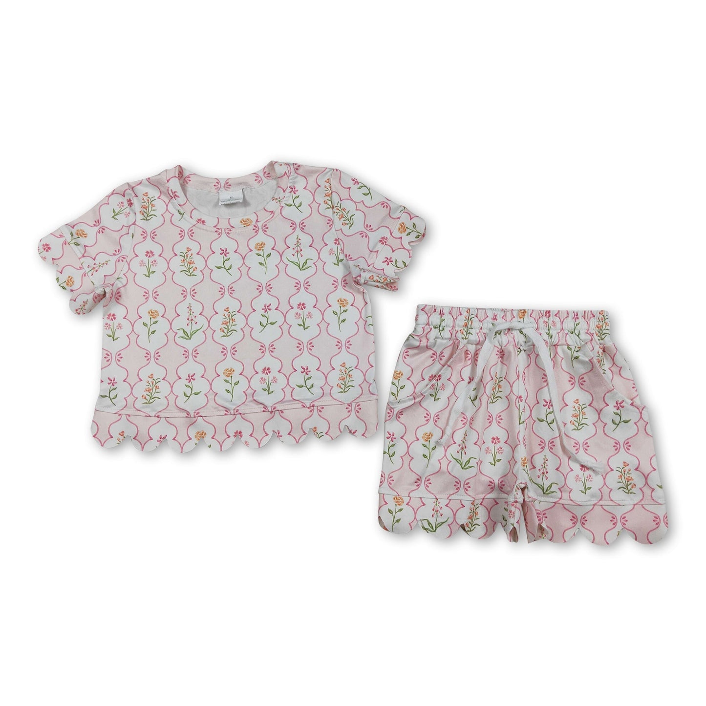 Short sleeves pink floral scallop kids girls summer outfits