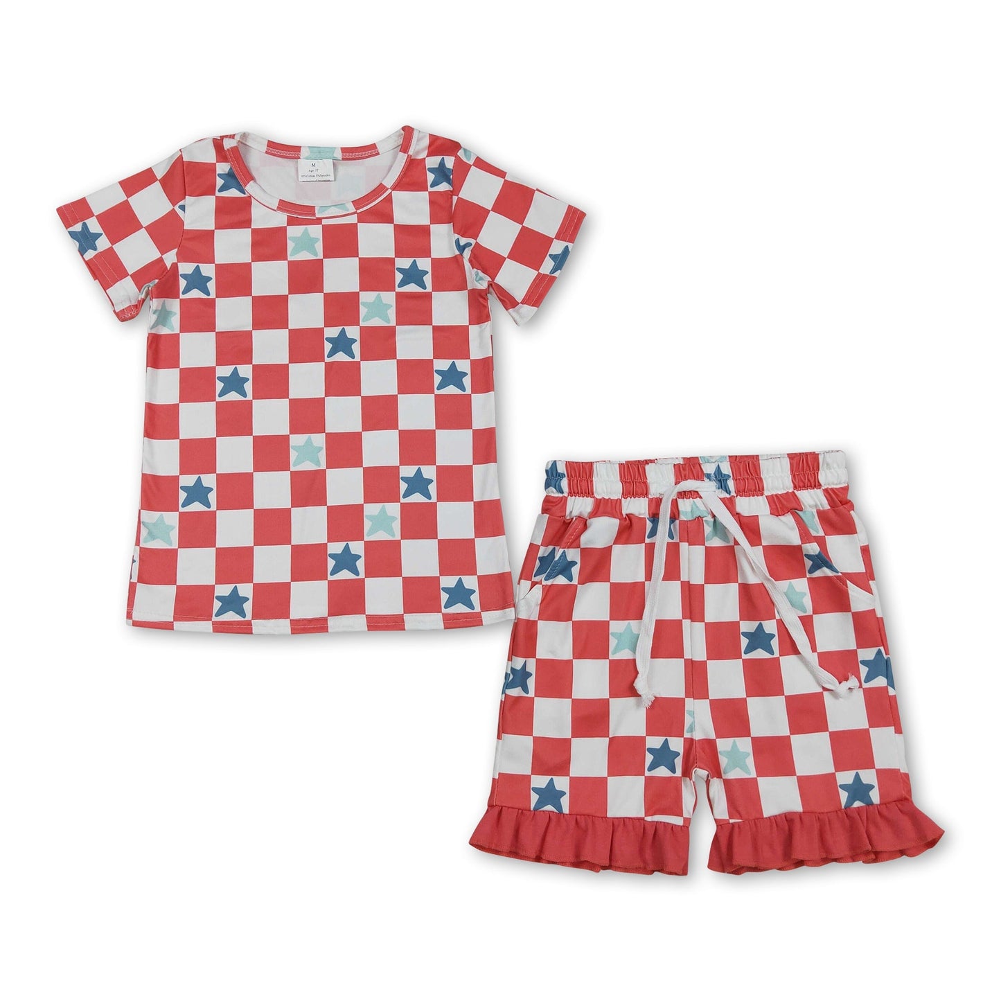 Short sleeves plaid stars kids girls 4th of july outfit