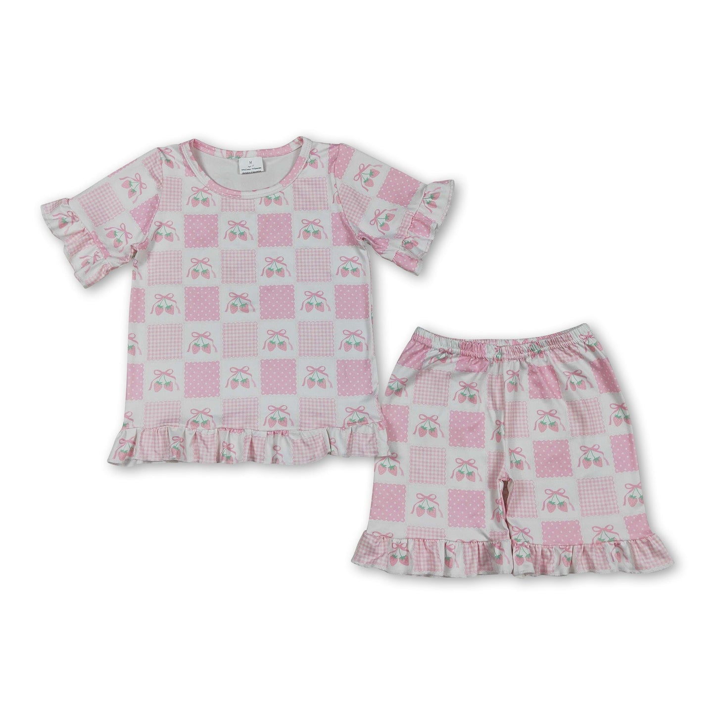 Short sleeves pink bow strawberry kids girls outfits