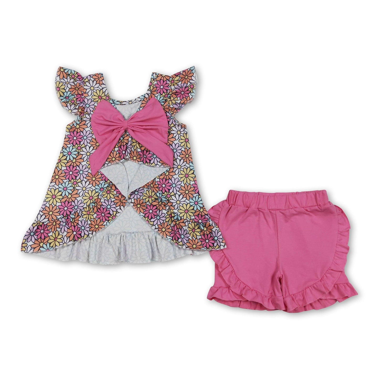 Floral flutter sleeves top ruffle shorts girls outfits