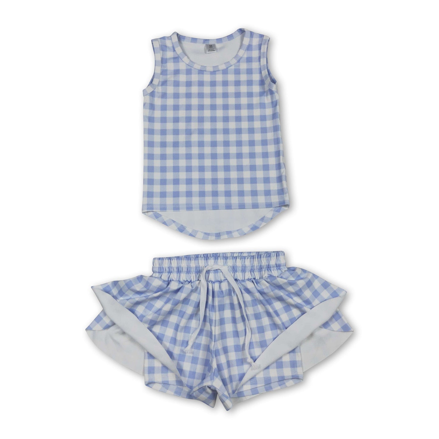 Sleeveless blue plaid top shorts girls active wear set