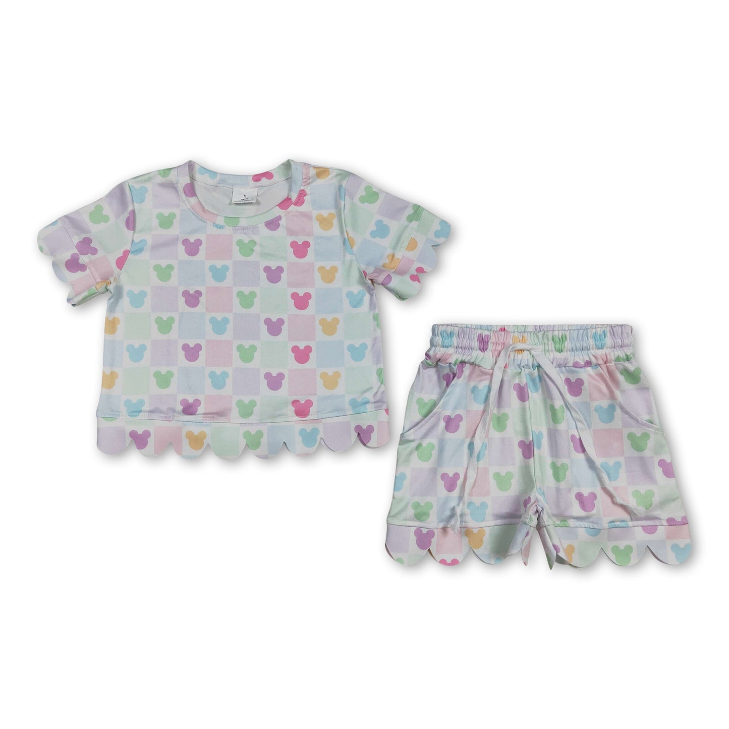 Short sleeves colorful plaid mouse scallop top shorts girls outfits