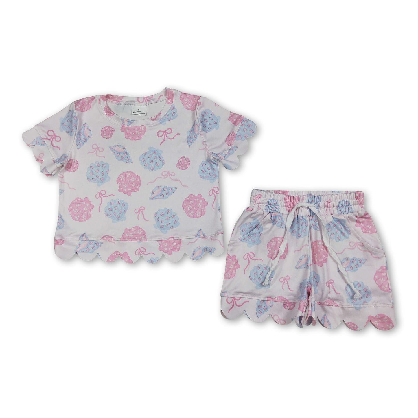 Short sleeves scallop shell bow girls summer outfits