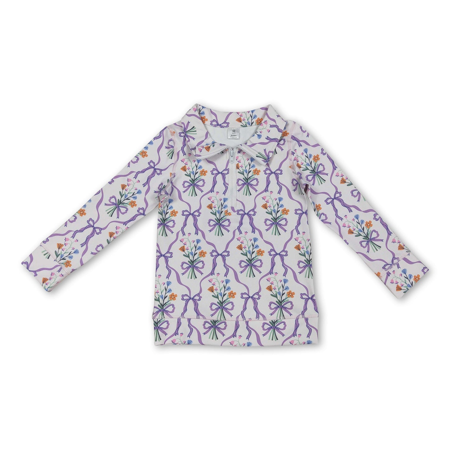 Purple bow floral kids girls zipper active yoga pullover