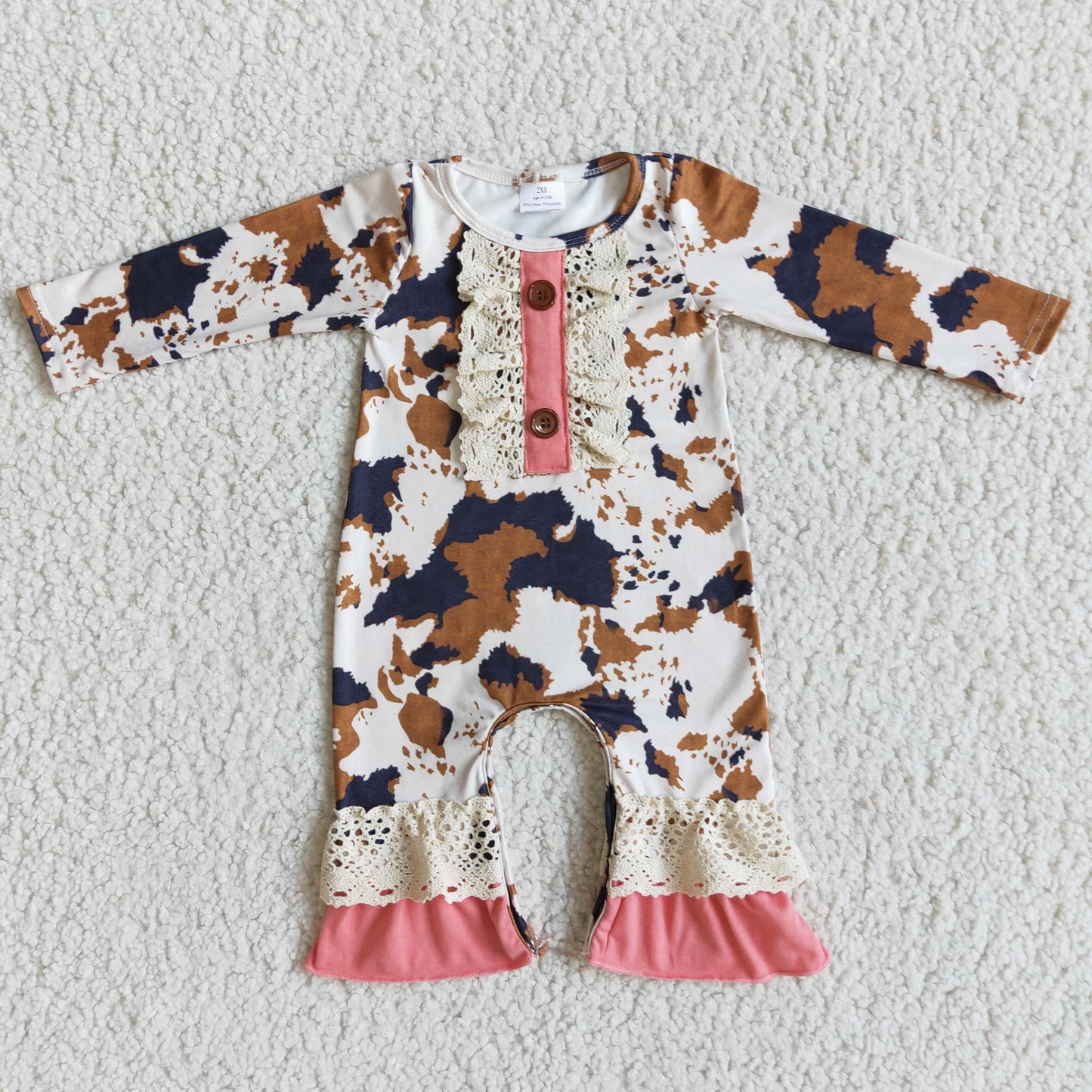 Brown cow print long sleeve baby romper