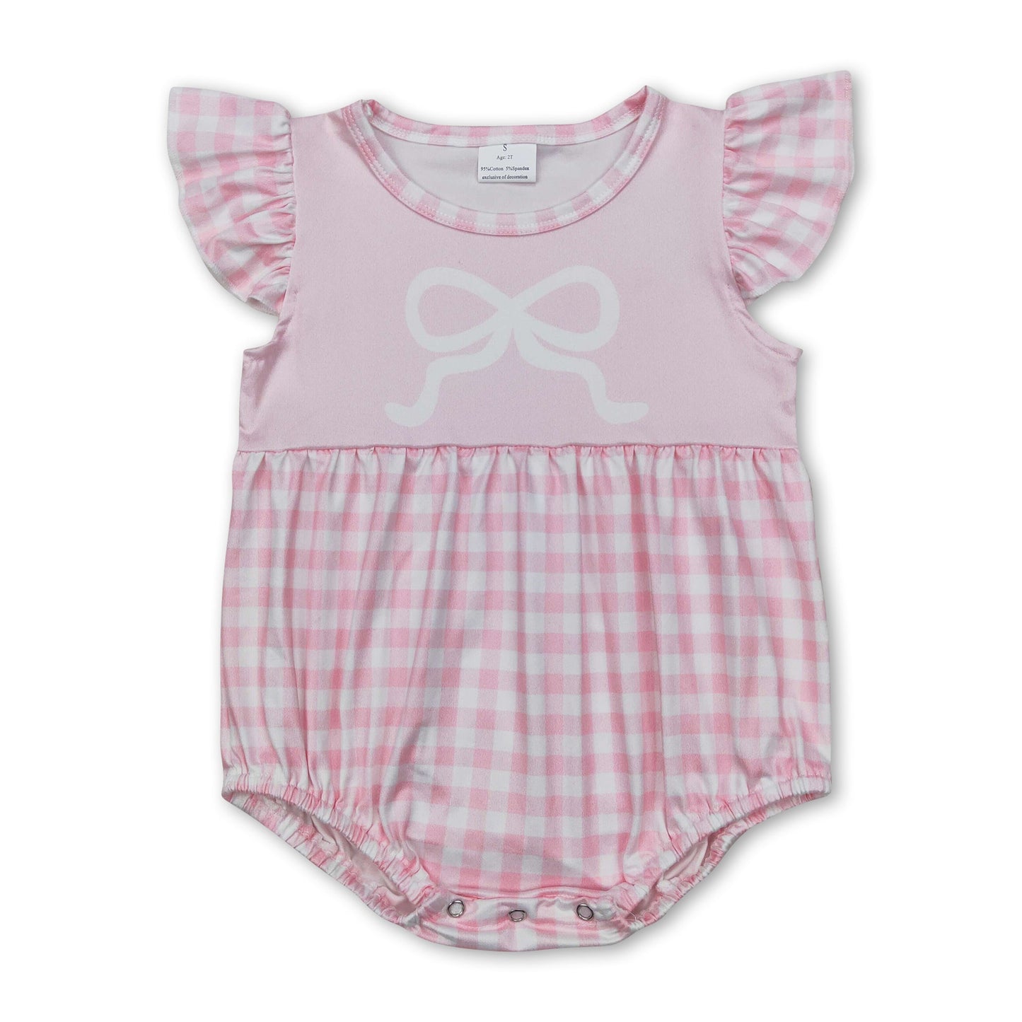 Pink flutter sleeves plaid bow baby girls romper