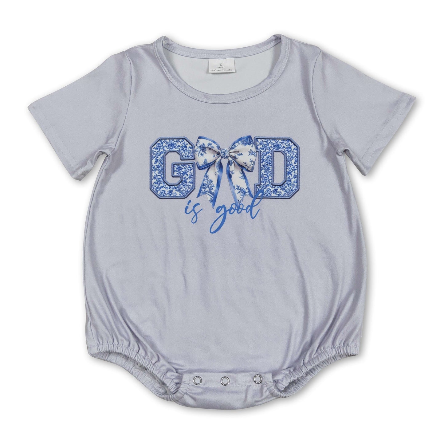 Short sleeves light blue floral bow God is good baby romper
