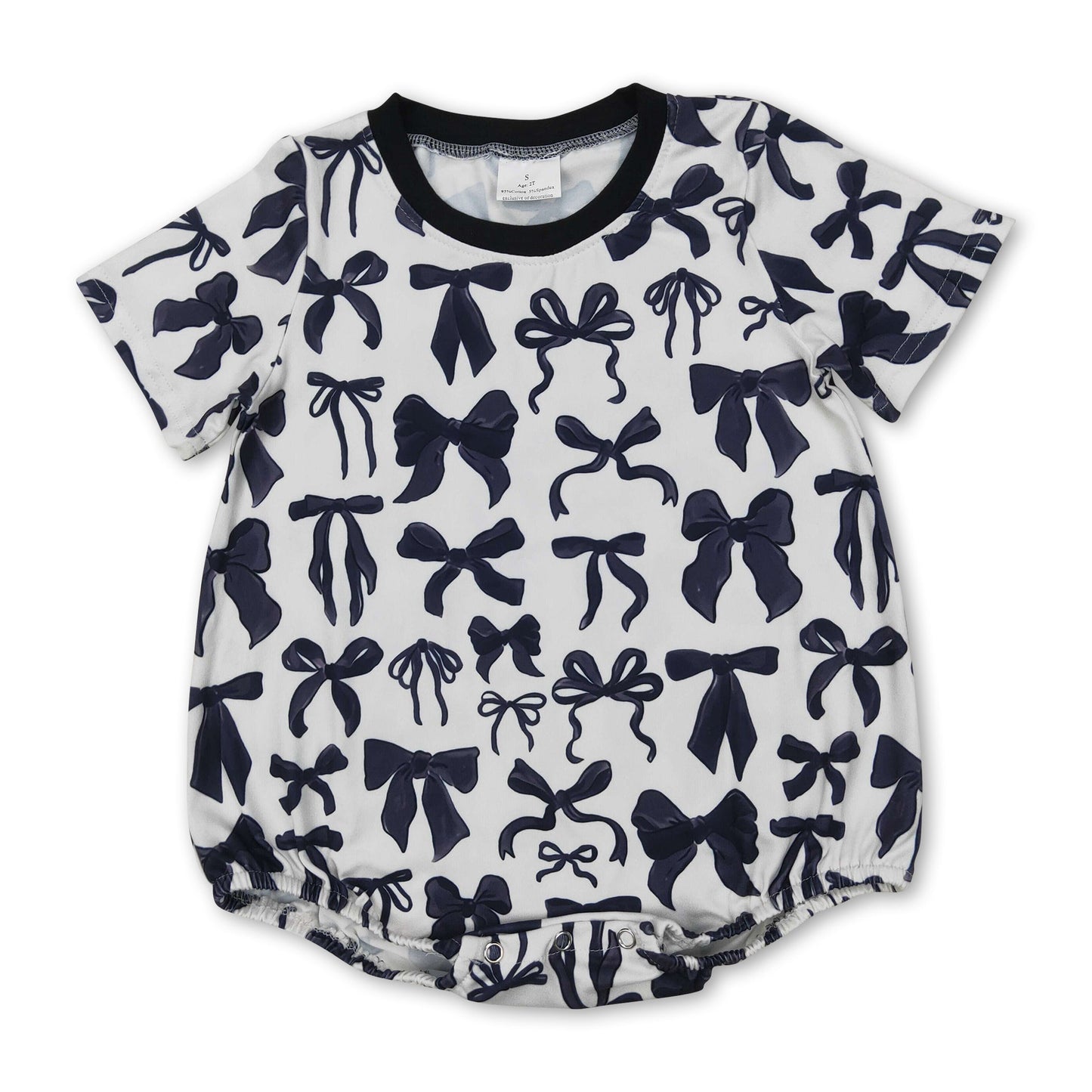Short sleeves black bow baby girls summer romper