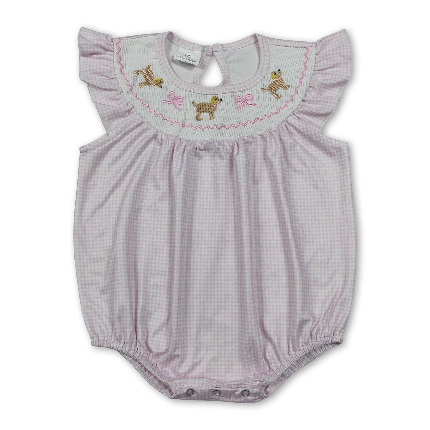 Pink plaid flutter sleeves dog bow smocked baby girls romper