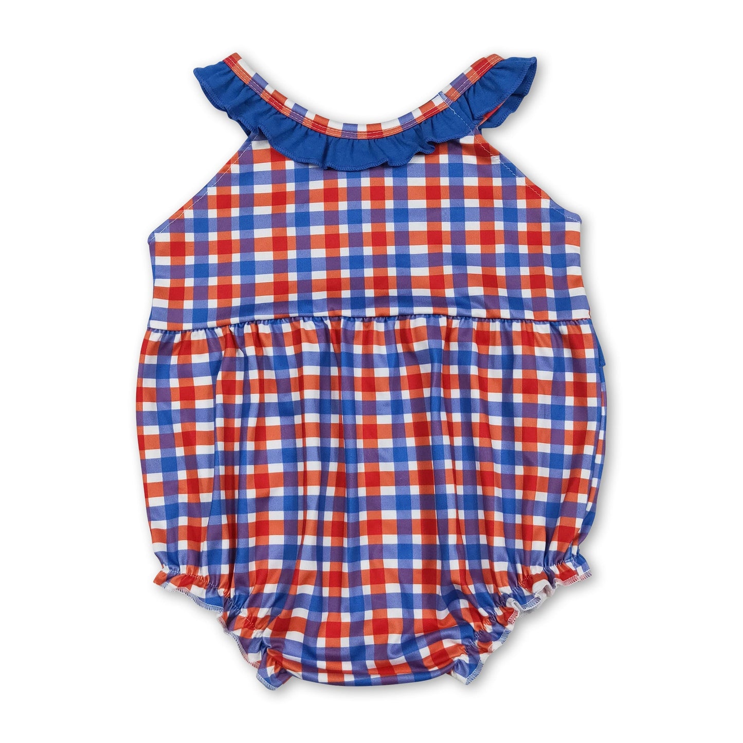 Blue ruffle farm embroidery plaid baby girl romper