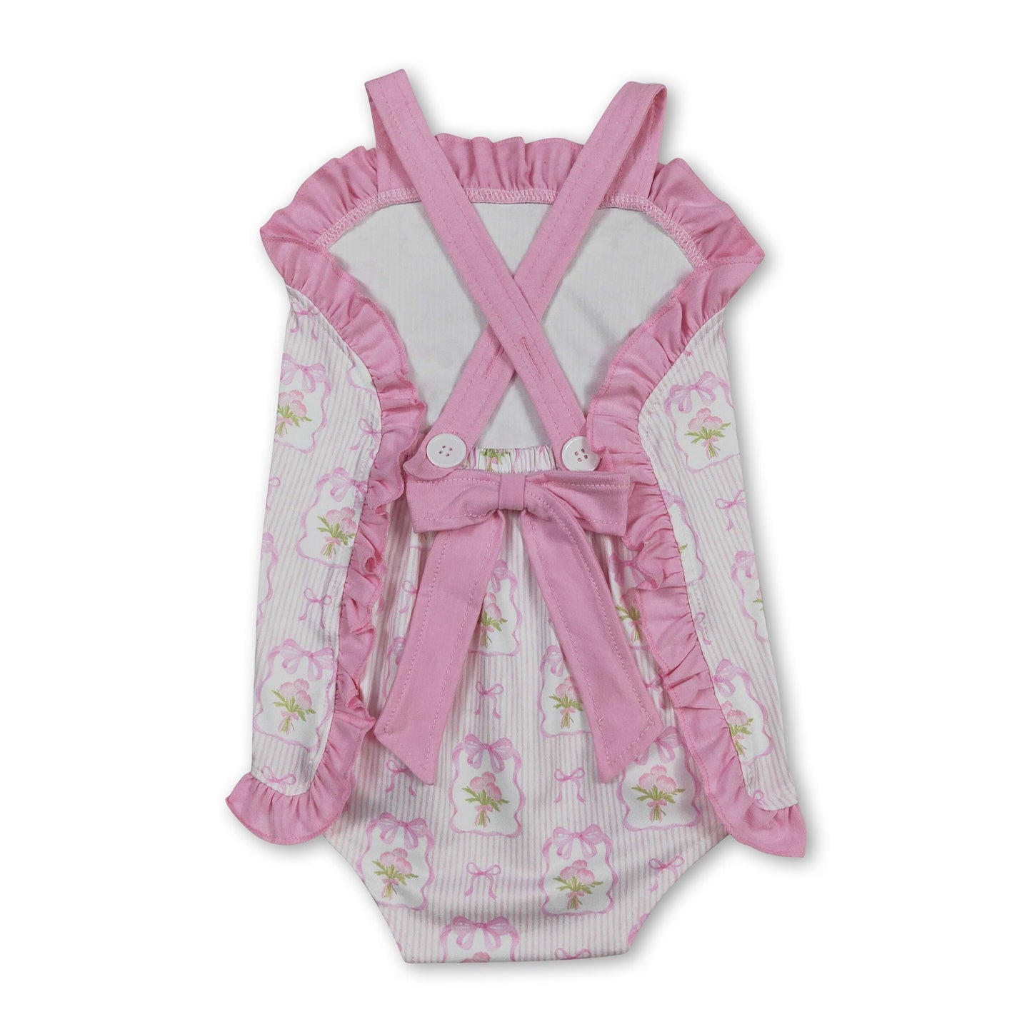 Pink straps stripe bow floral baby girls summer romper