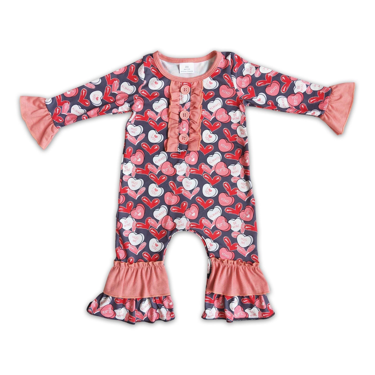 Heart print long sleeve baby girls valentine's romper