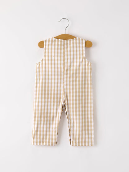 Fall Thanksgiving Apricot Plaid Chick Embroidery Smocking Baby Boys Romper