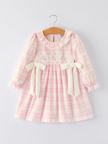 Fall Pink Plaid Ruffle Ballet Shoe Embroidery Long Sleeve Dress