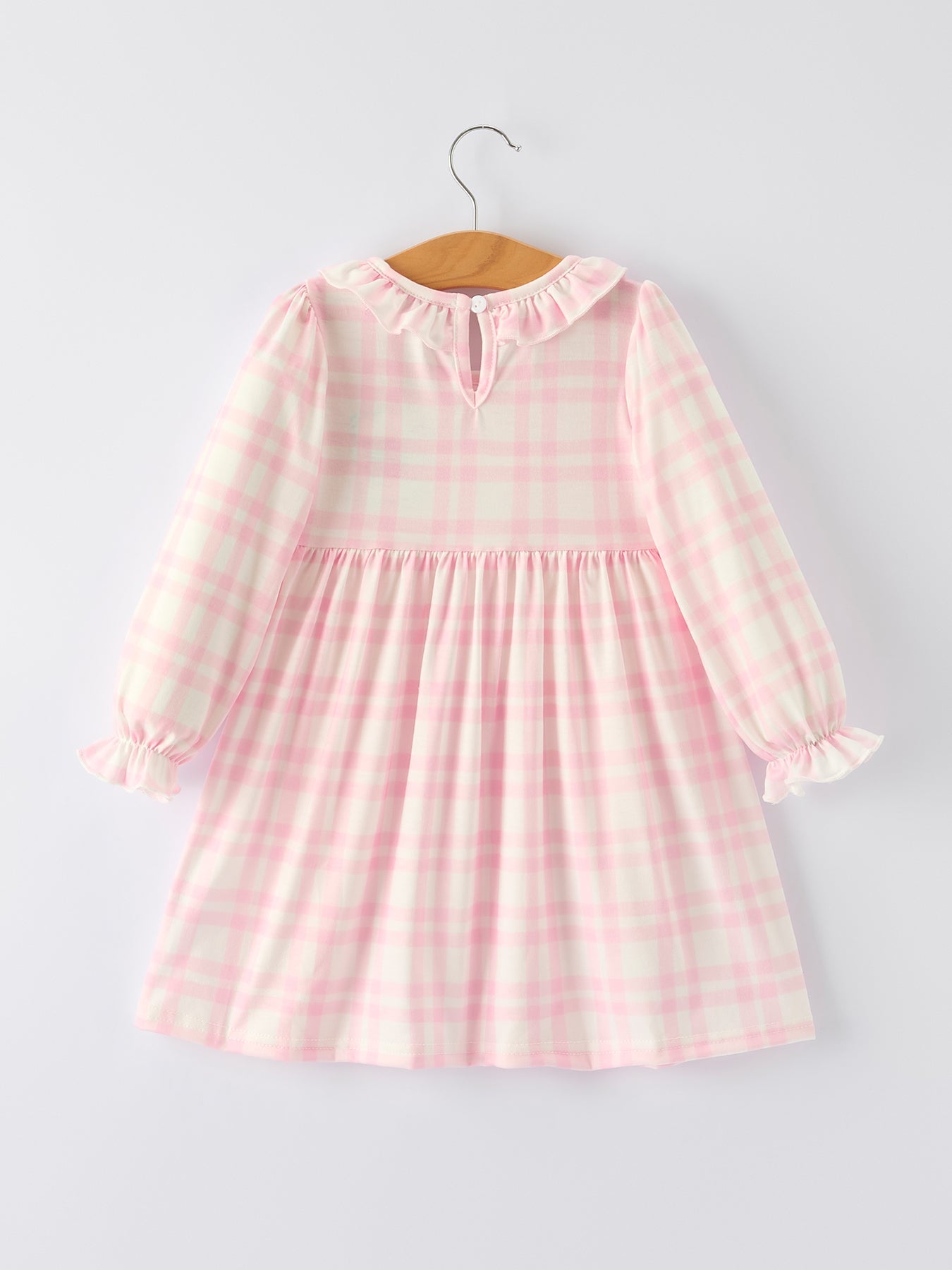 Fall Pink Plaid Ruffle Ballet Shoe Embroidery Long Sleeve Dress