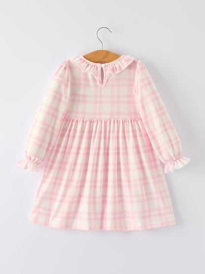 Fall Pink Plaid Ruffle Ballet Shoe Embroidery Long Sleeve Dress
