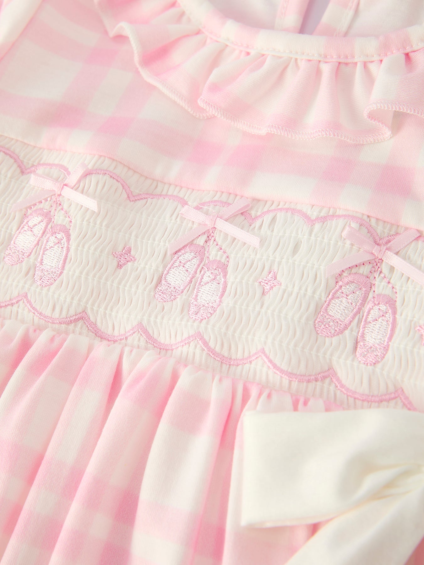 Fall Pink Plaid Ruffle Ballet Shoe Embroidery Long Sleeve Dress