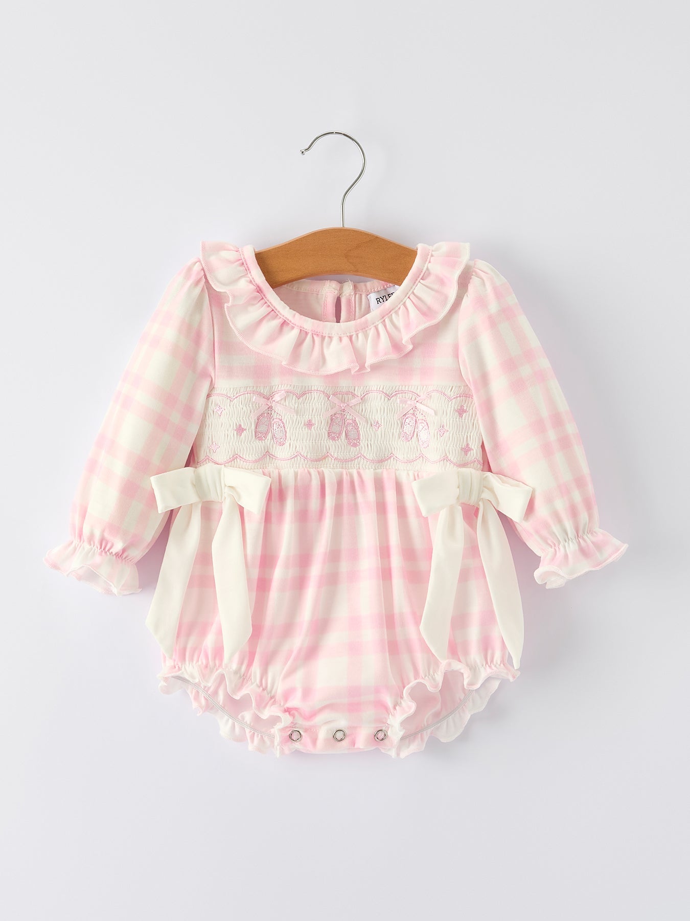 Fall Pink Plaid Ruffle Ballet Shoe Embroidery Long Sleeve Romper