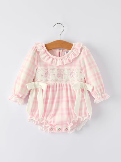 Fall Pink Plaid Ruffle Ballet Shoe Embroidery Long Sleeve Romper