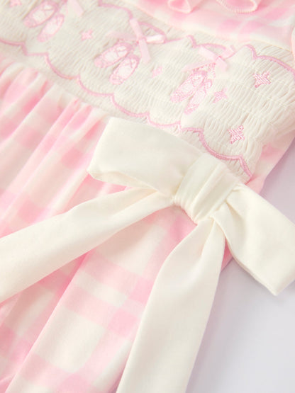 Fall Pink Plaid Ruffle Ballet Shoe Embroidery Long Sleeve Romper