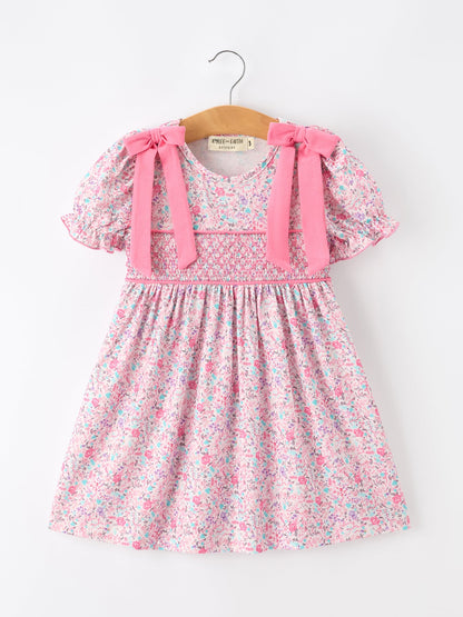 Pink Bow Smocked Floral Girl Dress