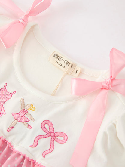 Fall Pink Ballet Embroidery Bow Polka Dot Dress