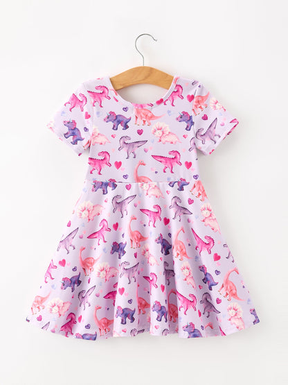 Dinosaur Heart Twirl Girls Dress Short Sleeves